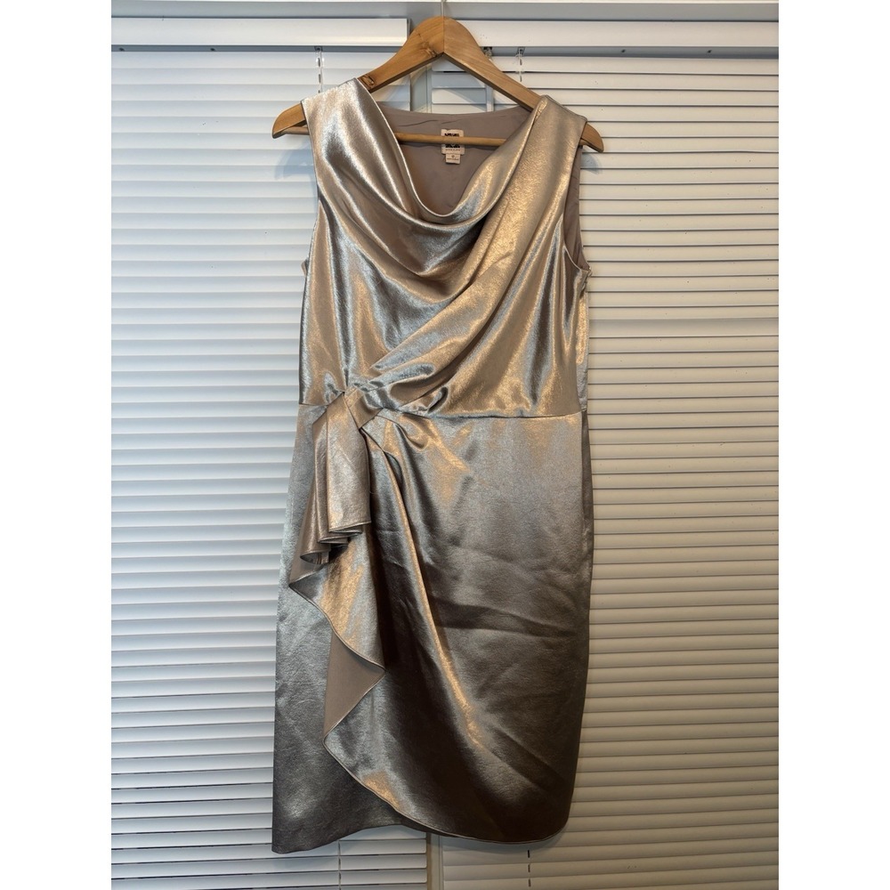 Anne Klein Sleeveless Platinum Dress Sz 12 Draped Cowl Neckline Faux Wrap